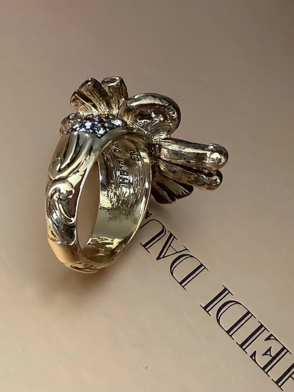 HEIDI DAUS French Ribbon Crystal Art Deco Bow Ring & Earrings Smoked Topaz SZ 9